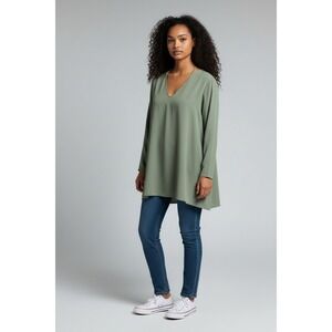 Won Hundred Irma 2 Sage Green V-Neck Tunic Dress Long Sleeve Open Back Size 36